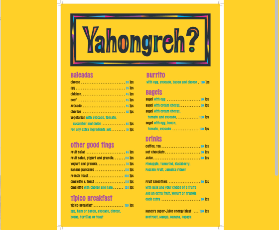Yahongreh Menu